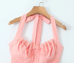 Corset Halter Drawstring Pleated Midi Dress