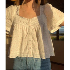 Embroidery Square Neck Button Up Blouse