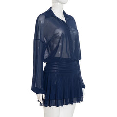 Button Up Collar Mesh See Through Long Sleeve Mini Dress