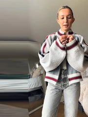 Striped Stand Collar Zip Sweater Jacket