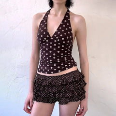 Polka Dot Halter Deep V-Neck Tank Top