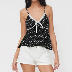 Lace Trim Polka Dot Babydoll Top