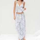 Blue Flower Print V-neck Camisole with Pants Sleepwear Set