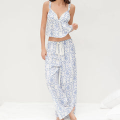 Blue Flower Print V-neck Camisole with Pants Sleepwear Set