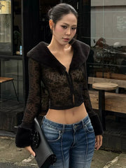 Black Jacquard Fur Trim Crop Top