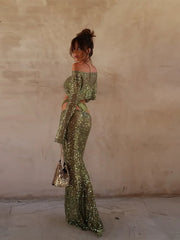 Green Sequin Long Sleeve Top And Maxi Skirt Set