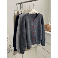 Deep Grey Wool Knitted Heart Buttoned Cardigan