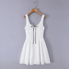 White Lace Trim Ribbon Bow Front A-Line Mini Dress