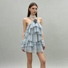 Halter 3D Flower Tiered Ruffle Mini Dress