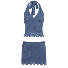 Blue Lace Halter Crop Top And Mini Skirt Set