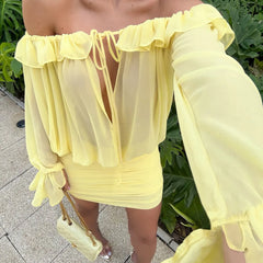 Yellow Off-Shoulder Sheer Ruched Mini Dress
