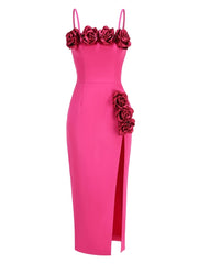 Spaghetti Strap 3d Flower Applique Slit Midi Dress