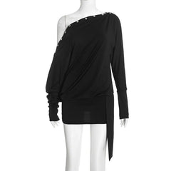 Off-Shoulder Backless Long-Sleeve Rivet Trim Mini Dress