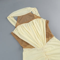 Yellow Patchwork Ruched Slit Wrap Around Sleeve Midi Dress