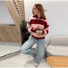 Striped Zip Up Collar Sweater