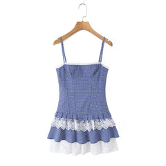 Blue Plaid Short Lace Hem Cake Sling Dress