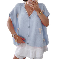 Bow V-Neck Short Sleeve Cardigan