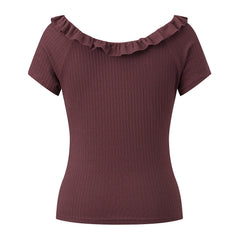 Ruffle Scoop Neck Short Sleeve Knitted T-Shirt