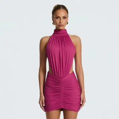 Bodycon Ruched Open-Back High-Neck Mini Dress