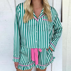 Striped Satin Bow Tie Long Sleeve Shirt And Ruffled Shorts Pajama Set
