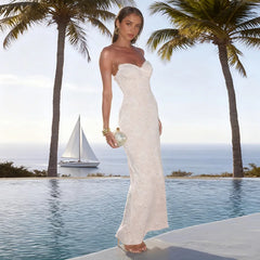 White Lace Strapless Maxi Dress