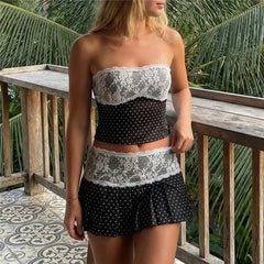 Polka Dot Lace Trim Tube Top and Pleated Mini Skirt Set