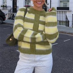 Fuzzy Mohair Striped Round Neck Button Crop Cardigan