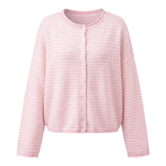 Striped Crew Neck Open Front Button Down Cardigan