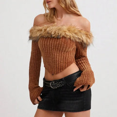 Off Shoulder Knitted Fur Trim Brown Crop Top