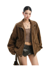 Faux Suede Stand Collar Zipper Jacket