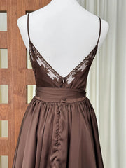 Brown Satin Spaghetti Strap Lace Patchwork Mini Dress