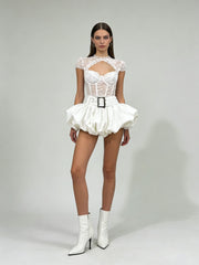 Lace Sheer Corset Crop Top And Wide Belt Bubble Hem Skirt Set