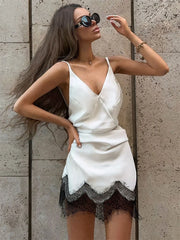 White V-neck With Lace Trim Mini Dress