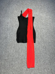 Black Cami Mini Dress With Red Drape Strap