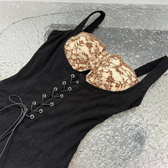 Black Lace-up Embroidered Patchwork Sleeveless Mini Dress