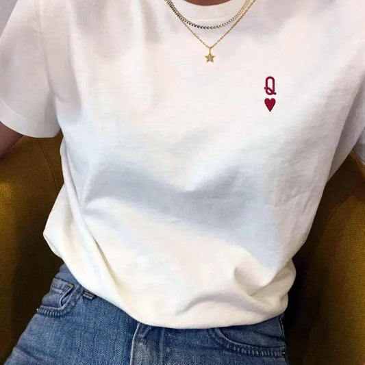 Queen of Hearts Letter Embroidered T Shirt