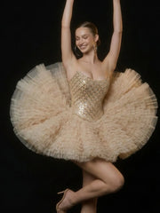 Strapless Rhinestones Mesh Tulle Puff Mini Dress