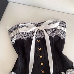 Strapless Elastic Ruffle Butterfly Button Corset