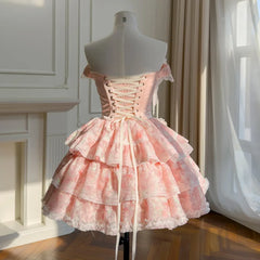 Pink Lace Up Strapless Bow Pearl Desgin Tiered Mini Dress