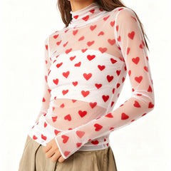 Long Sleeve Sheer Heart Print Top