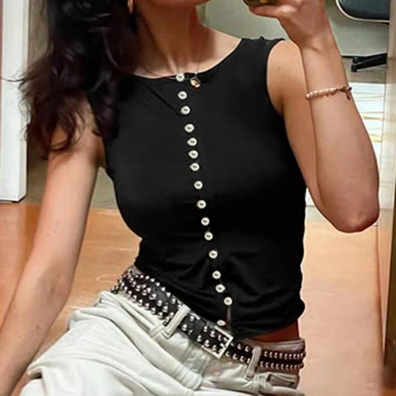 Women's button-up backless tank top in a solid color with a short length.