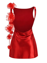 Satin Open Back Strap Flower Draped Mini Dress