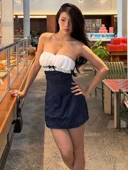 Blue Striped Ruched Bust Strapless Mini Dress