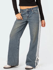 Low Rise Jeans Side Stripe Tie Bow Straight Leg Denim Pants