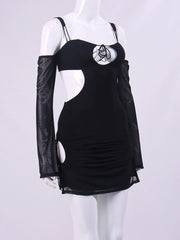 Black Mesh Off Shoulder Cut out Tie up Mini Dress