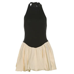 Patchwork Puff Halterneck Black Satin Mini Dress