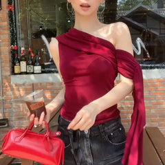 Slash Neck Off Shoulder Tie Up Top