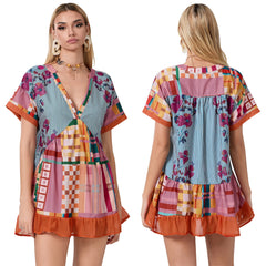 Floral Print Short Sleeve V-Neck Ruffled Hem Loose Mini Dress with Pockets