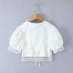 White Lace Hem Puff Sleeve Peter Pan Collar Crop Top