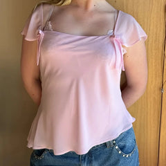 Ruffle Cap Sleeve Bow Tie Flowy Top